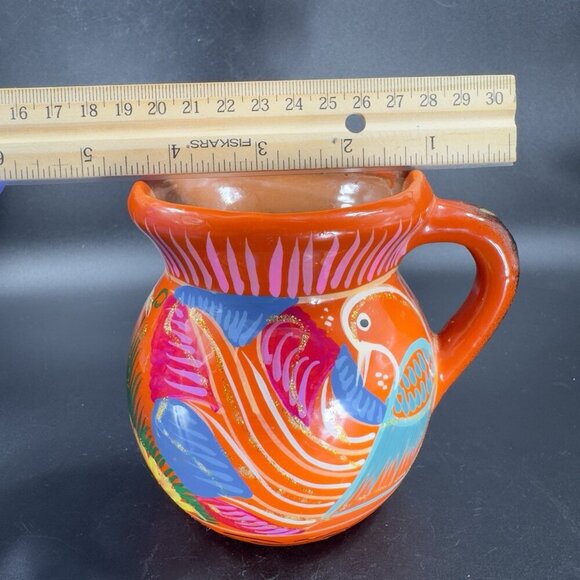 Mexico Tonala Pottery RedWare Coffee Mug Cup Jarrito Hand Painted Birds Vintage - Picture 3 of 13
